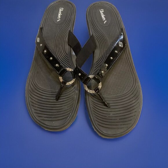 SKECHERS Shoes - Skecher Cali Womens Kitty Wedge Heel Black Jeweled Thong Sandals Size Sz 11 New